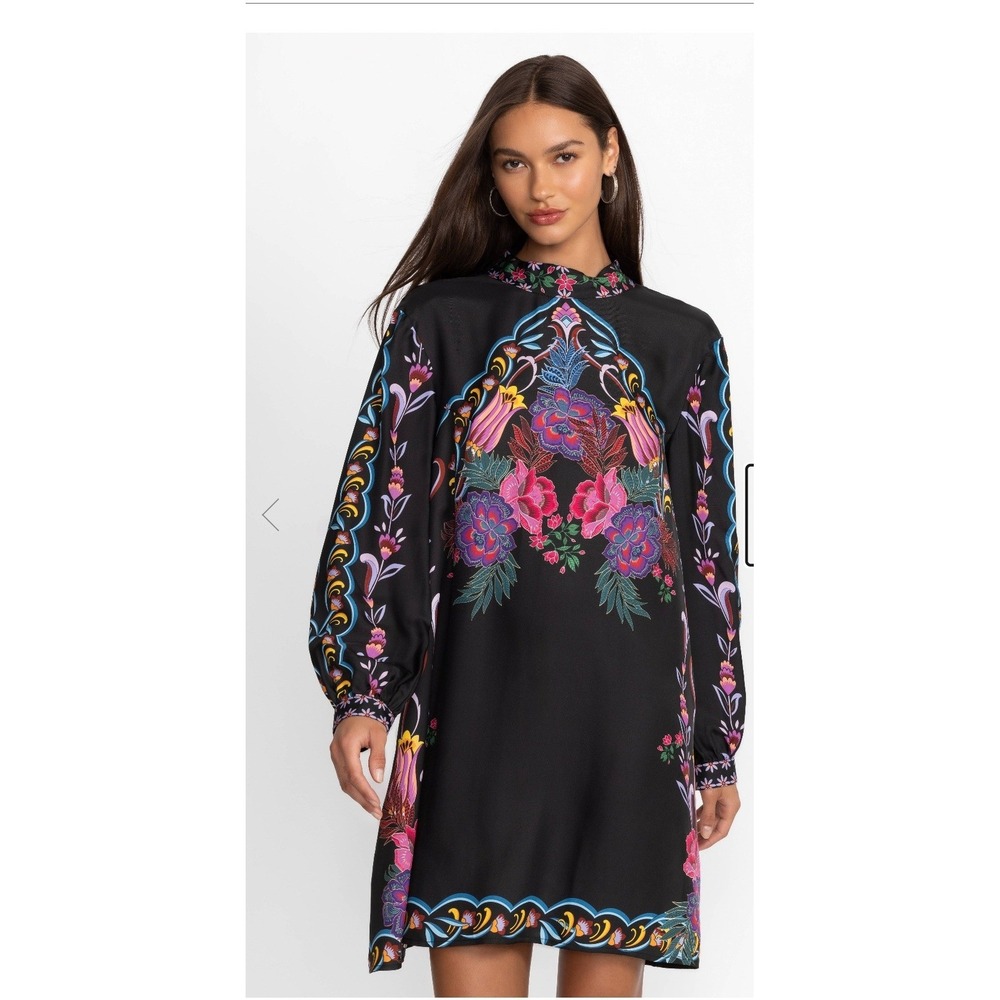 Johnny Was  XL Kalova Mini Dress Black Etta's Garden Silk Boho Floral